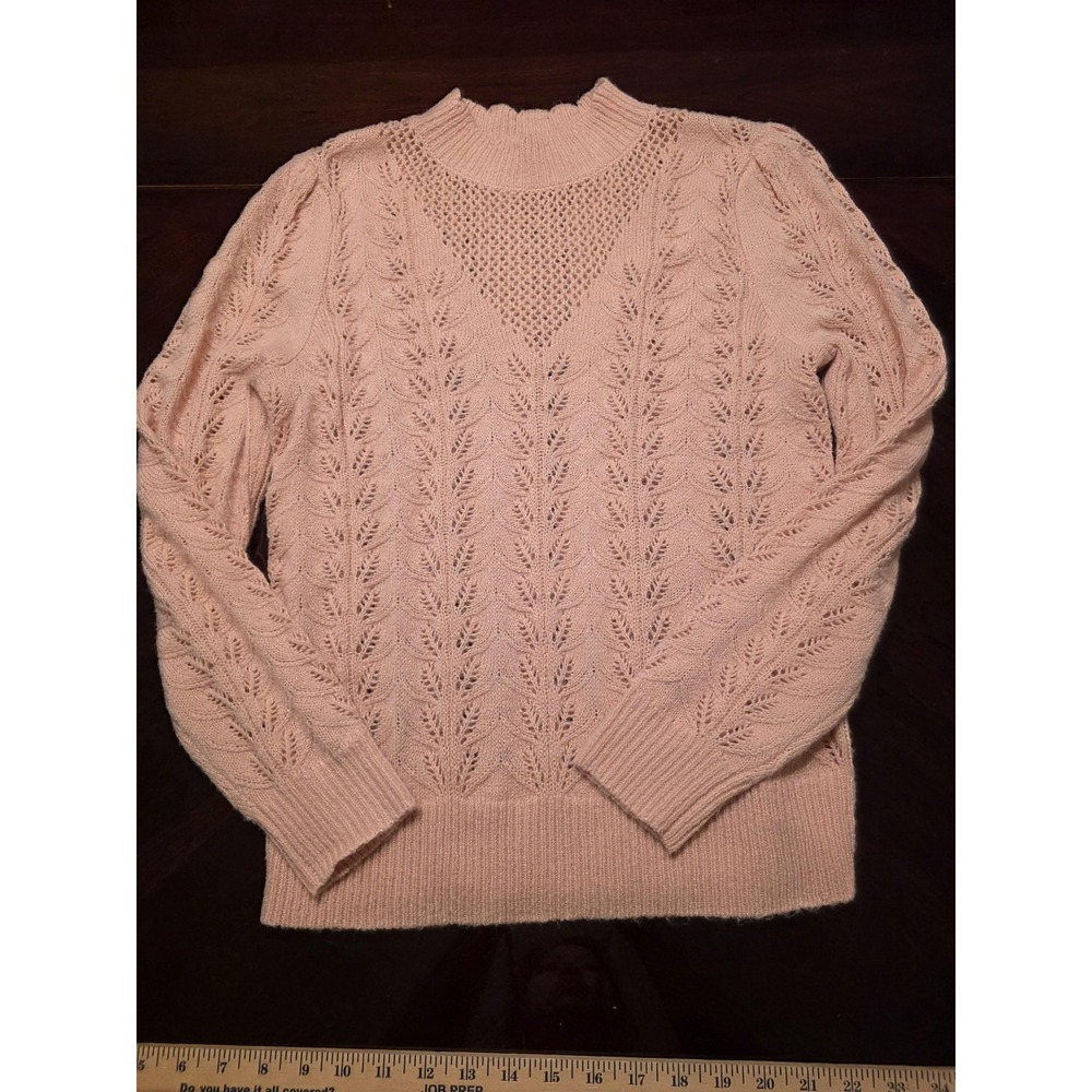 LOFT Sweater Wms S‎ Pink Mock Neck Lace Open Knit Puff Spring Sheer Feminine
